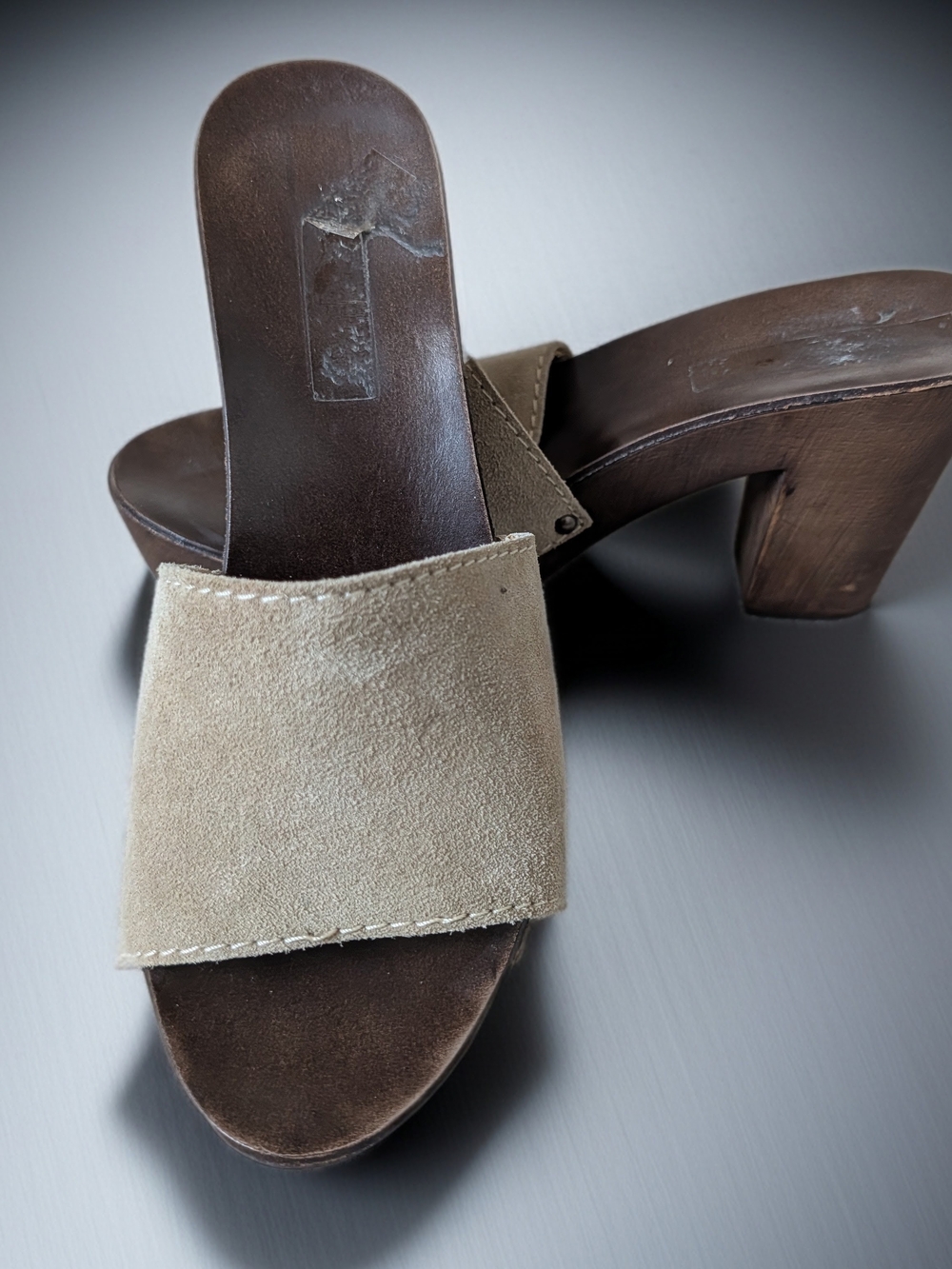 Suede Slide Heels in Beige - Women's Open Toe Mule